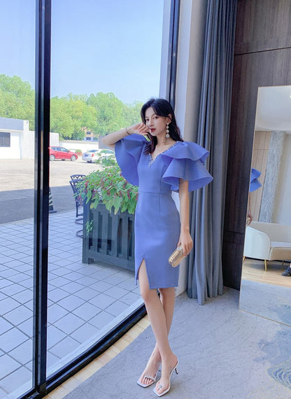 DOLLY Elegant V-Neck Short Ruffle Sleeves Slim Fit Midi Slit Office Dress- ilLA