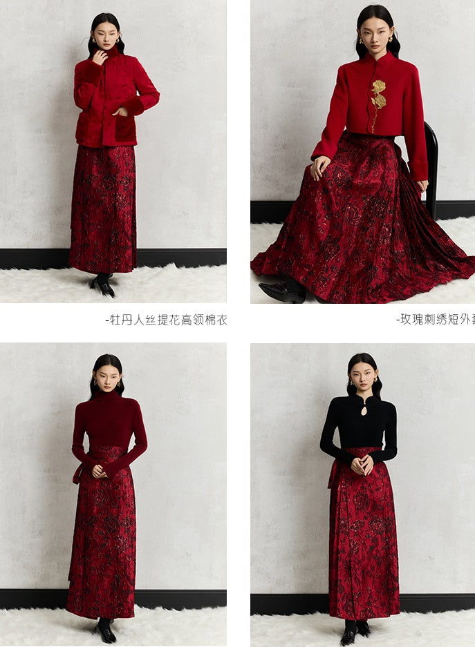 HECO Wear Gold Wire Embossed Horse Face red high waist pleated Skirt - burn.