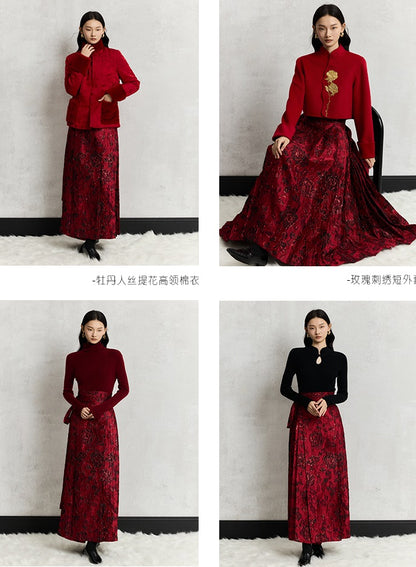 HECO Wear Gold Wire Embossed Horse Face red high waist pleated Skirt - burn.