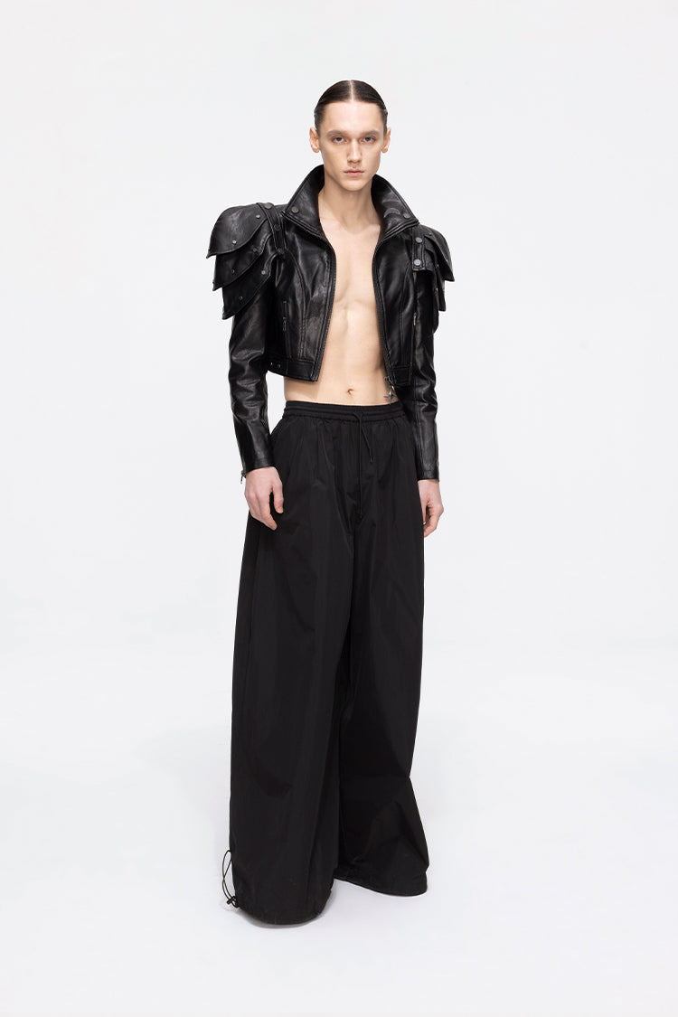 ANNAKIKI black deconstructed three-dimensional short leather jacket-AZUSA