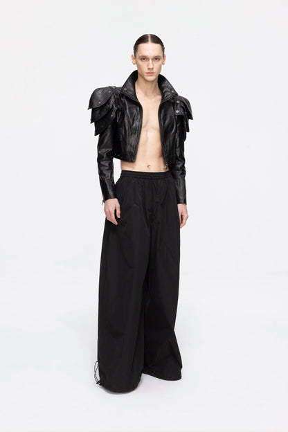 ANNAKIKI black deconstructed three-dimensional short leather jacket-AZUSA