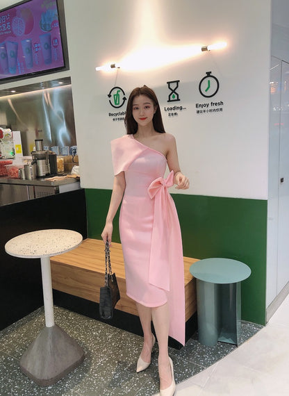 DOLLY Elegant French Style Slant Collar Sleeveless High Waist Midi Dress-QUINNE