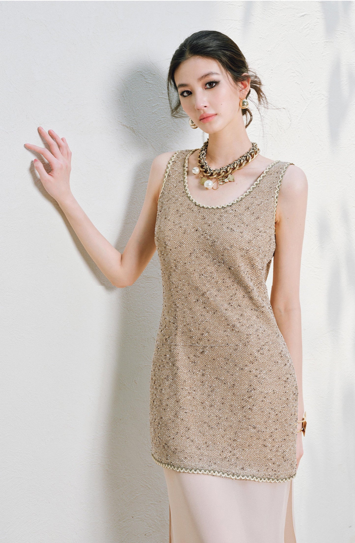 WANGXO | Satin-Stitched Georgette & Stretch Sequin Knit  Suspender Skirt & Vest Skirt Set -LUMA