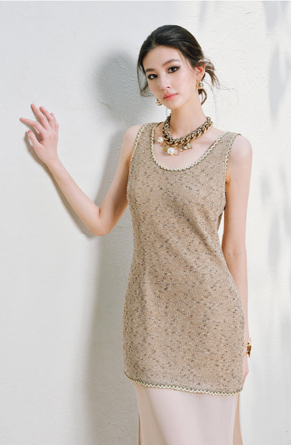 WANGXO | Satin-Stitched Georgette & Stretch Sequin Knit  Suspender Skirt & Vest Skirt Set -LUMA