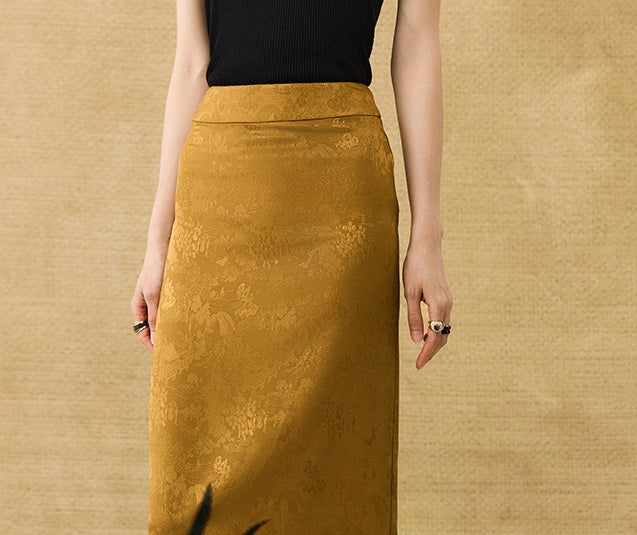 HECO Chinese high-end acetate bamboo feminine temperament printed slit skirt - COLT.