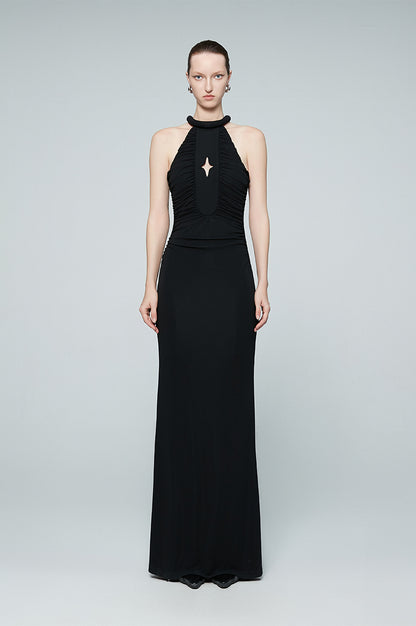 ANNAKIKI black four-pointed star hollow pleated halterneck dress-GICHII