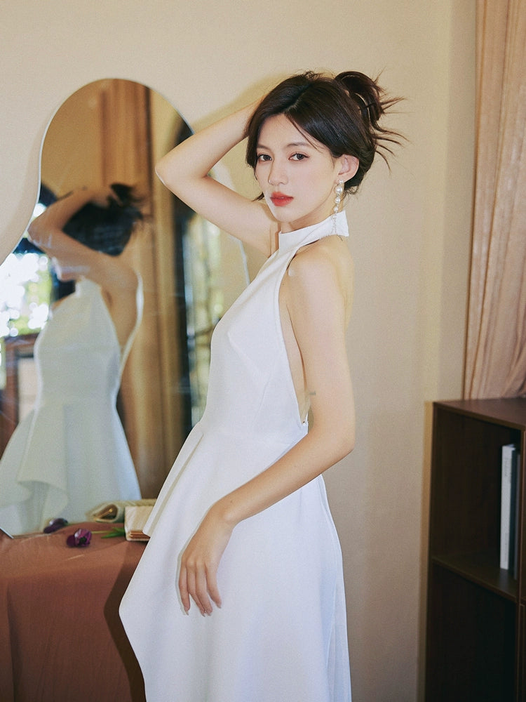 DOLLY High End White/Black Sleeveless Ruffled Halter Neck Top+ Pleated Skirt-SOLANGE