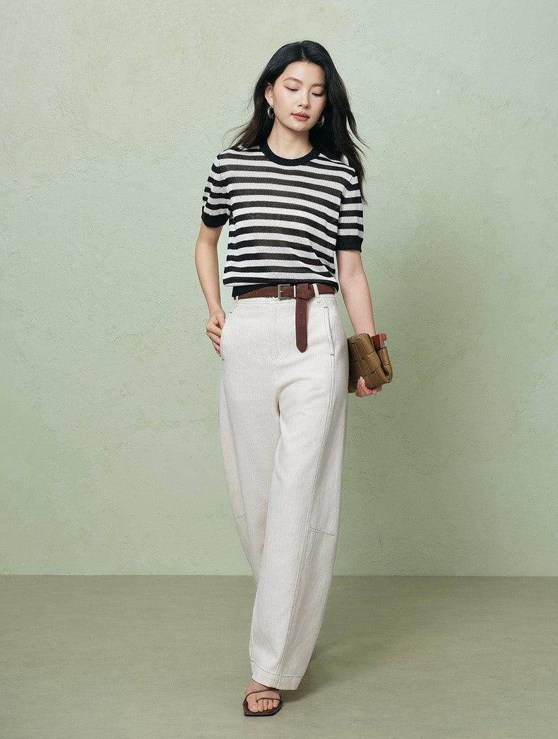 SUSHE light hollow texture striped short-sleeved knit sweater new stretch loose top -BESS