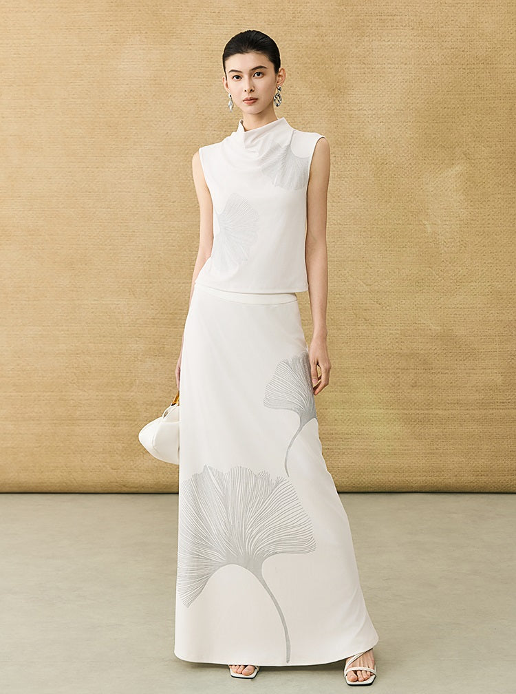 HECO Chinese Draped Summer Heavy Industry Ginkgo Biloba Print Slim Skirt - COLS.