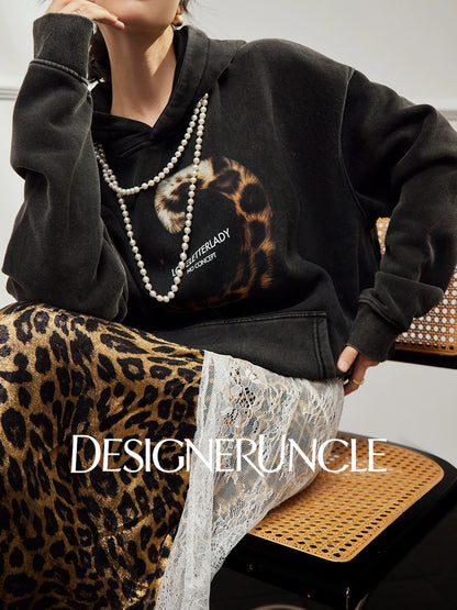 DGU×LAB "Moye" retro black sweatshirt  leopard tail print commuter top - TINK