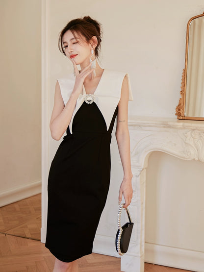 DOLLY Luxury Black Retro French Style Color Contrast Sleeveless Slim Fit Short Dress-ORLA