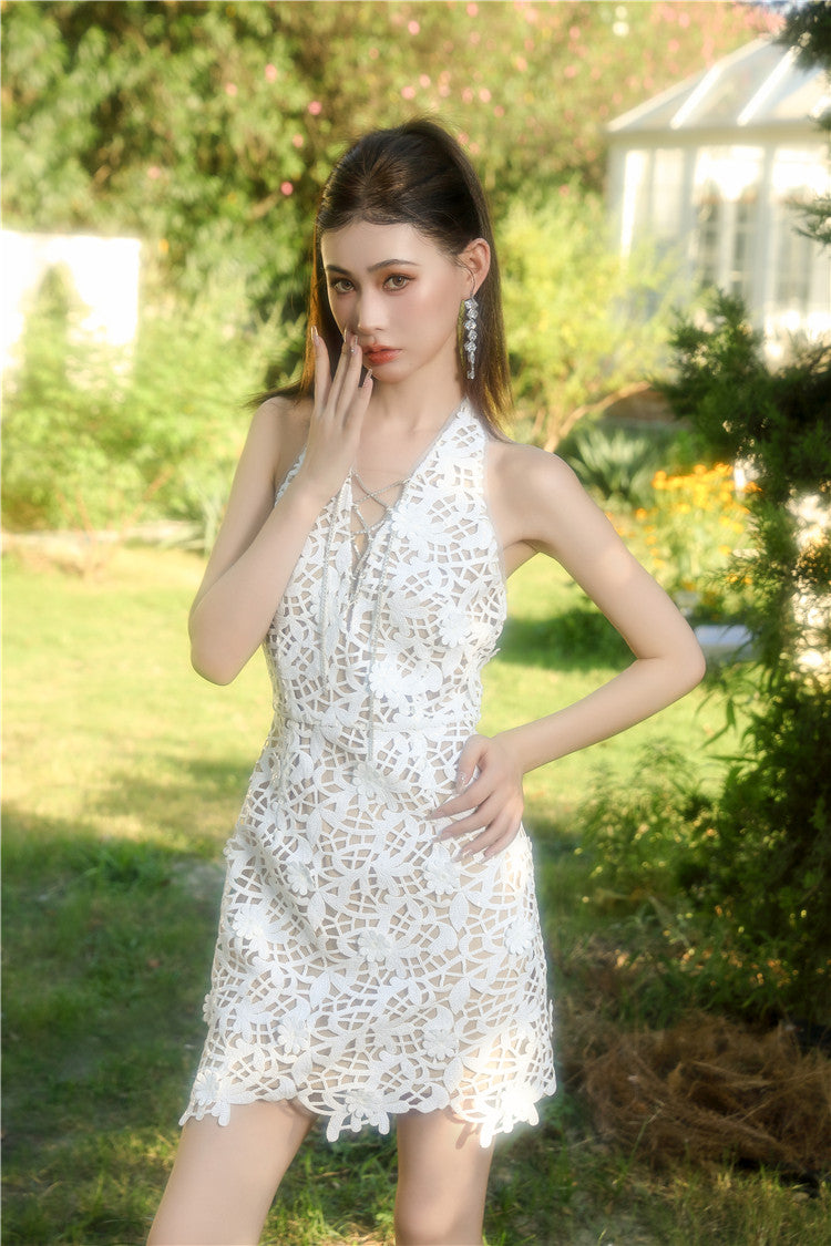 Wardrobes by Chen White bridal lace Halter Neck short Dress-LALA Wardrobes by Chen White bridal lace Halter Neck short Dress-LALA