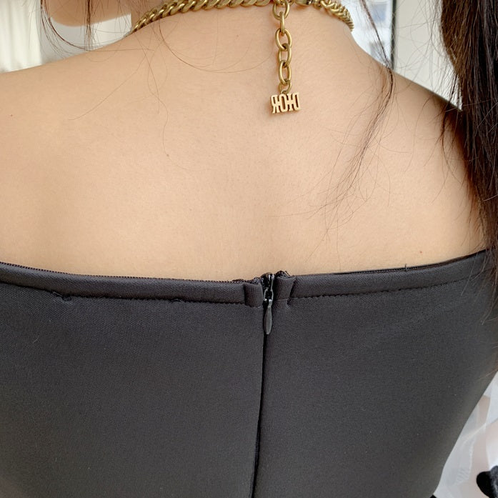 DOLLY Luxury Black Retro Style V-Neck Polka Dot Long Sleeve Slim Fit Dress-DEL