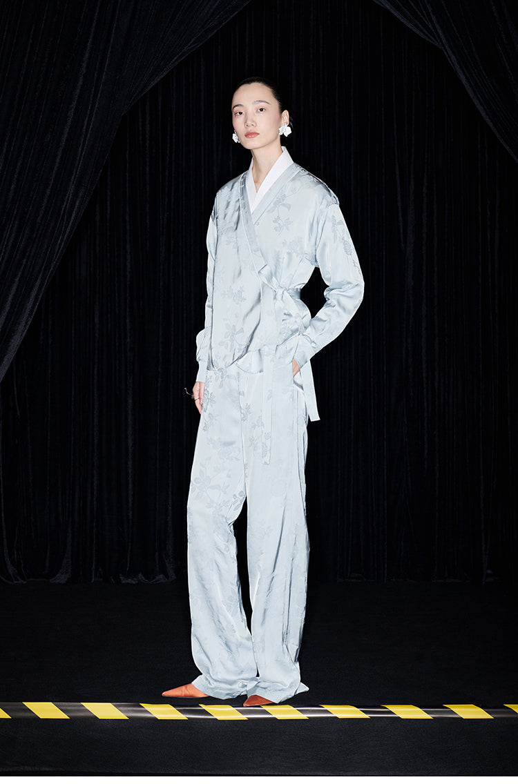 M essential Mackay designer pastel blue Jacquard knotted jacket pants suit set - Gekit.