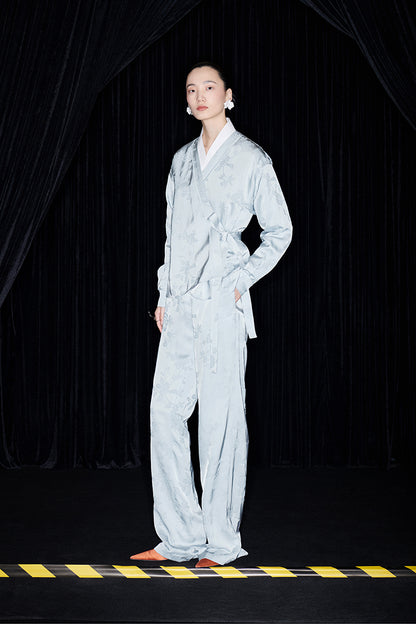 M essential Mackay designer pastel blue Jacquard knotted jacket pants suit set - Gekit.