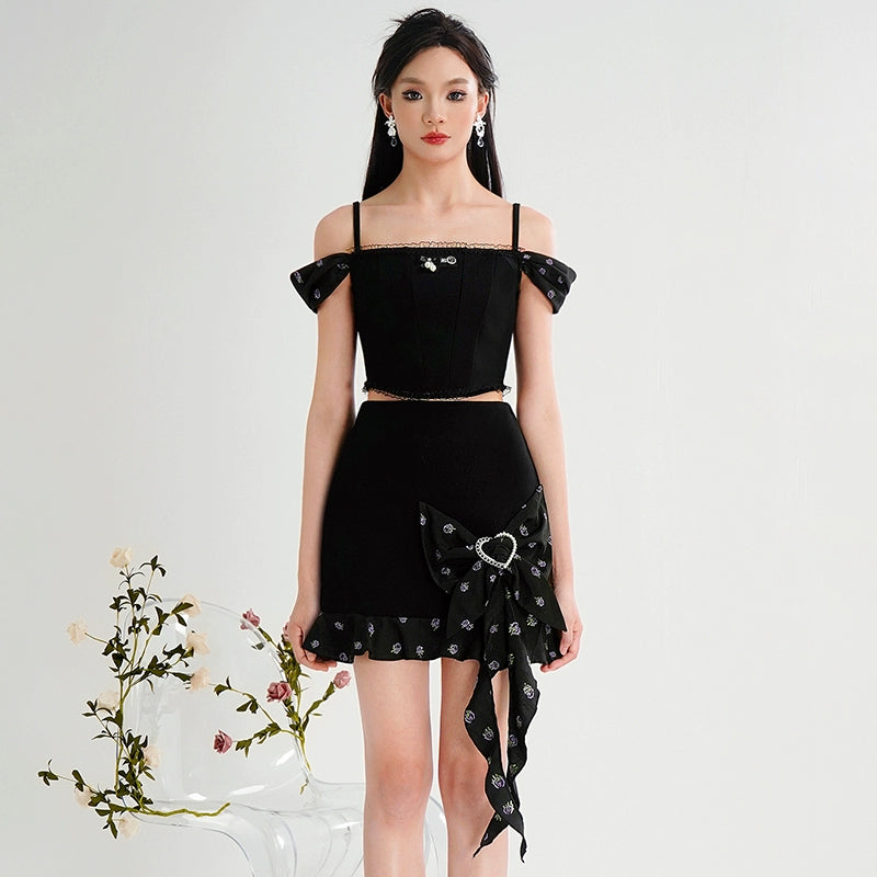 CHECOCRE Chic suspenders slim knitted jacquard top bow skirt - POSTED