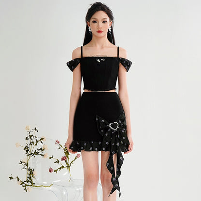 CHECOCRE Chic suspenders slim knitted jacquard top bow skirt - POSTED