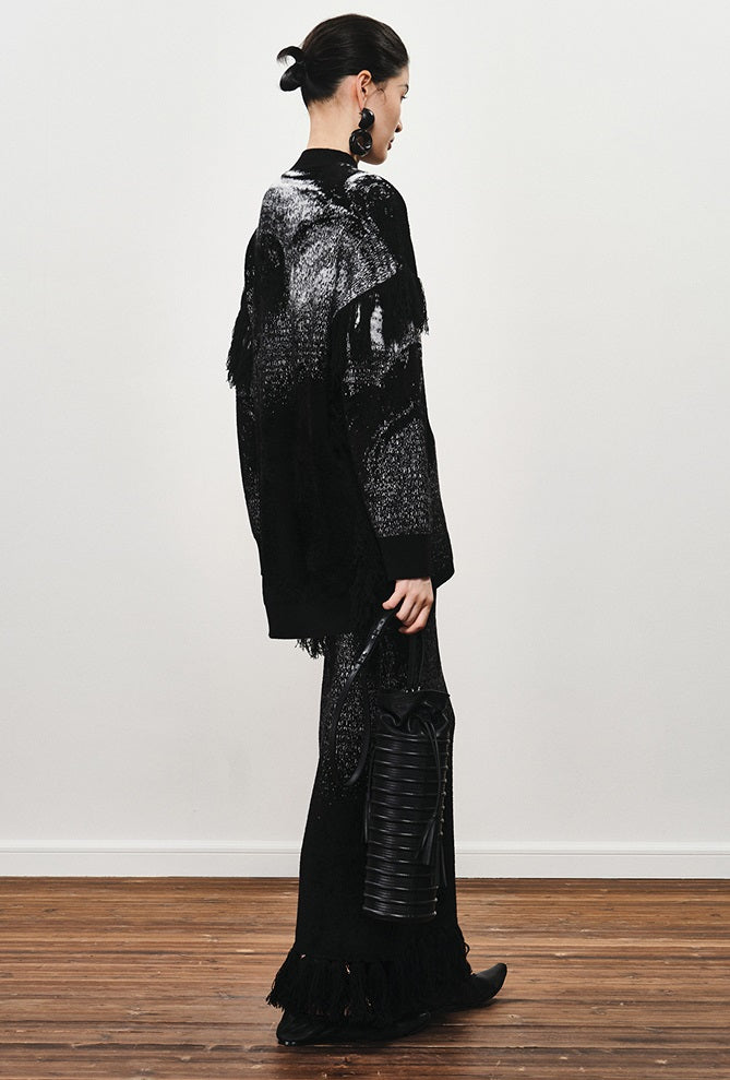 ZHUCHONGYUN winter fringed wool jacquard knit long skirt--MINATO.