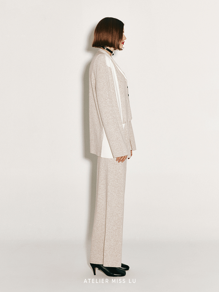 ATELIER MISS LU Geometric Contrast Cashmere and Wool-blend Cardigan -Poppy