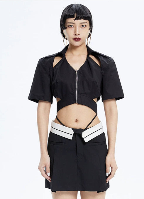 Tiny IN low-waisted contrasting turn-up short pressed pleats skirt-LULU