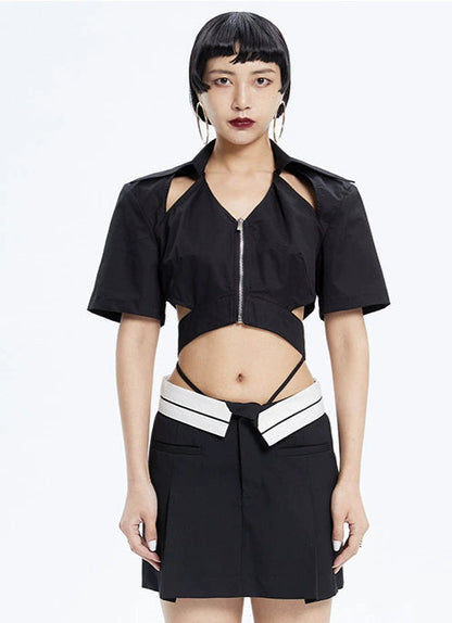 Tiny IN low-waisted contrasting turn-up short pressed pleats skirt-LULU