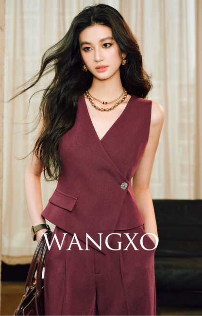 WANGXO | Cool Skin-Friendly Slanted Vest & Single-Pleated Trousers Elegant Suit- VEDA