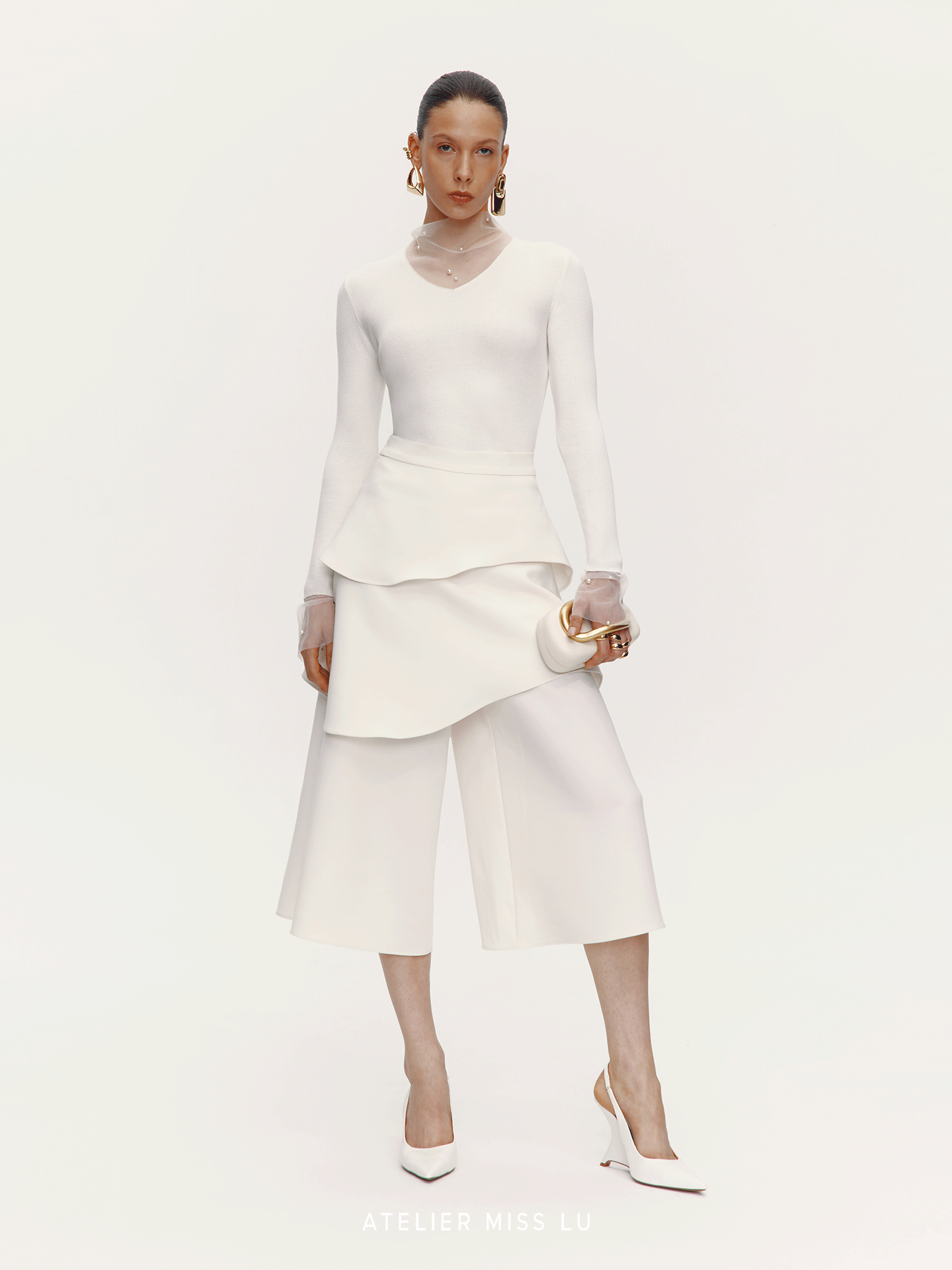 ATELIER MISS LU pearl embellished gauze patchwork knitted top - STRAD