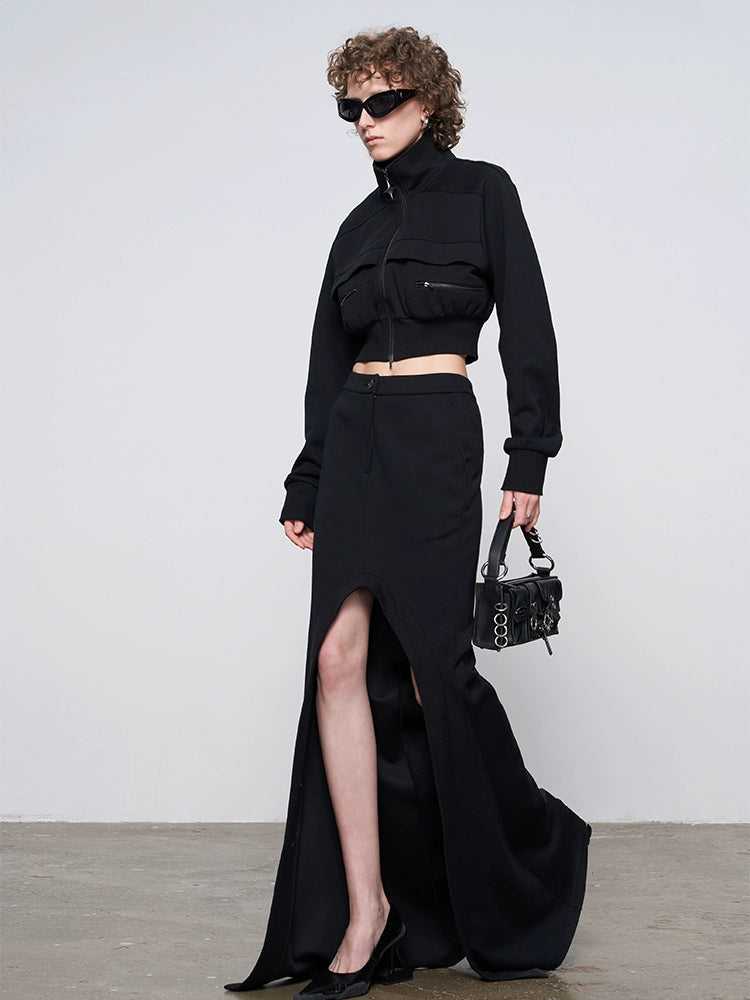 ANNAKIKI Designer Curved Casual Sweat Slit Maxi Skirt-FUKU