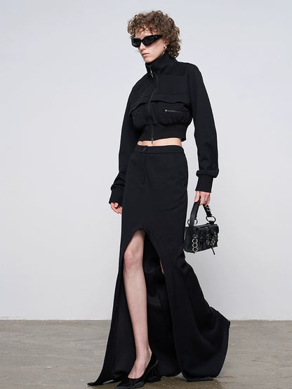 ANNAKIKI Designer Curved Casual Sweat Slit Maxi Skirt-FUKU