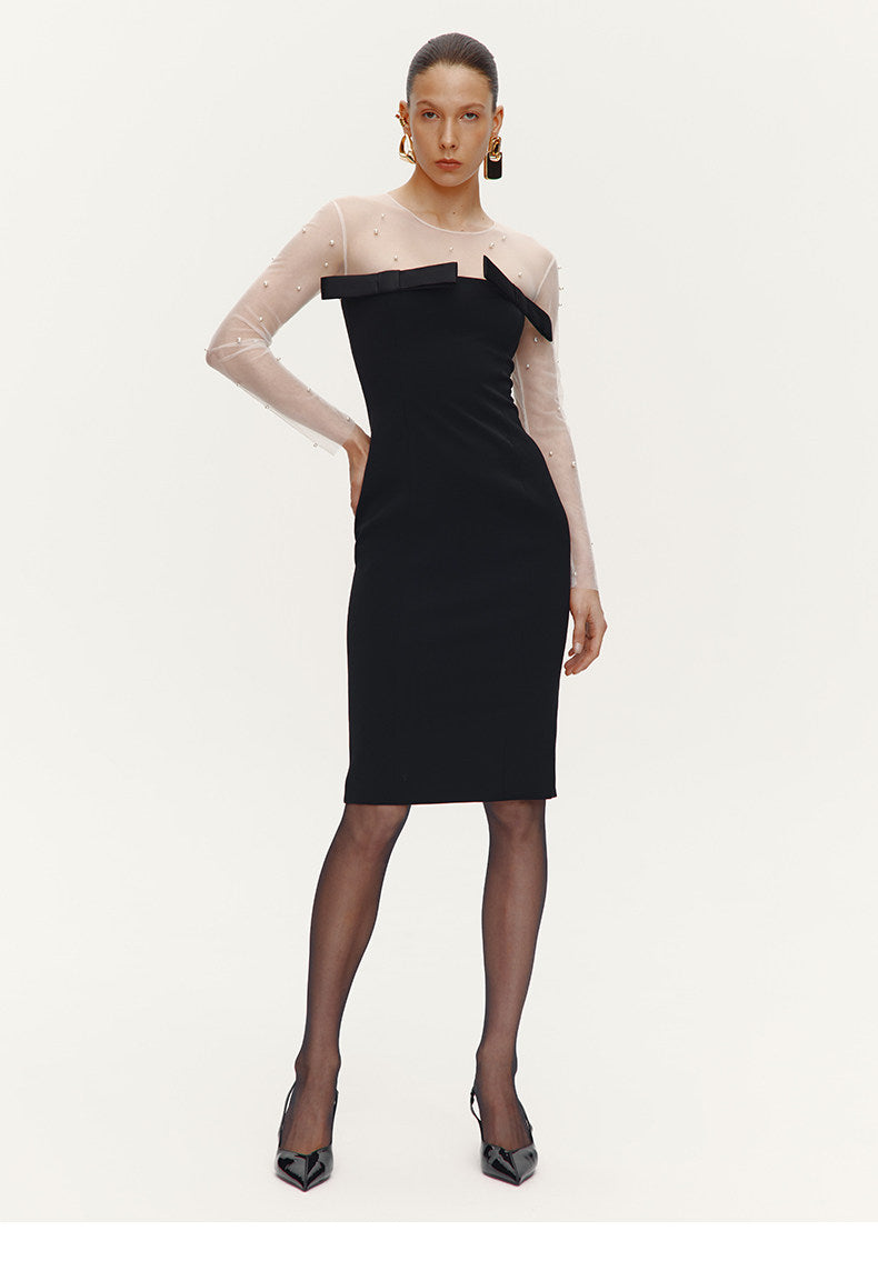ATELIER MISS LU[Pearl Star] Fall/Winter Pearl Stitched Bow Waist Dress - JAGULAR.