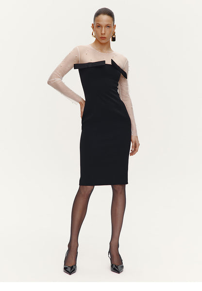 ATELIER MISS LU[Pearl Star] Fall/Winter Pearl Stitched Bow Waist Dress - JAGULAR.