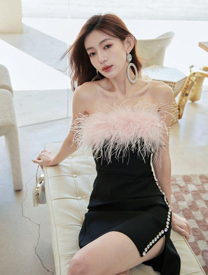 DOLLY Luxury Black Sleeveless Pink Feather Tube Top Short Slim Fit Birthday Dress-IRISA