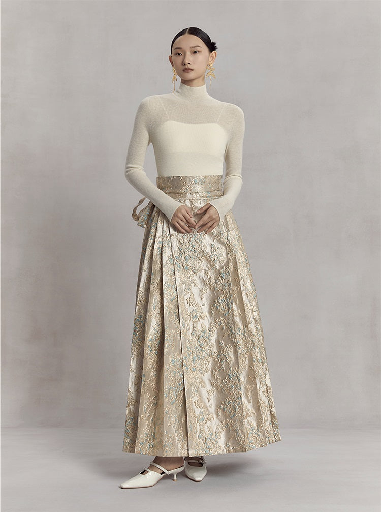 HECO high waist pleat blue purple green jacquard Embossed Skirt Women - king.