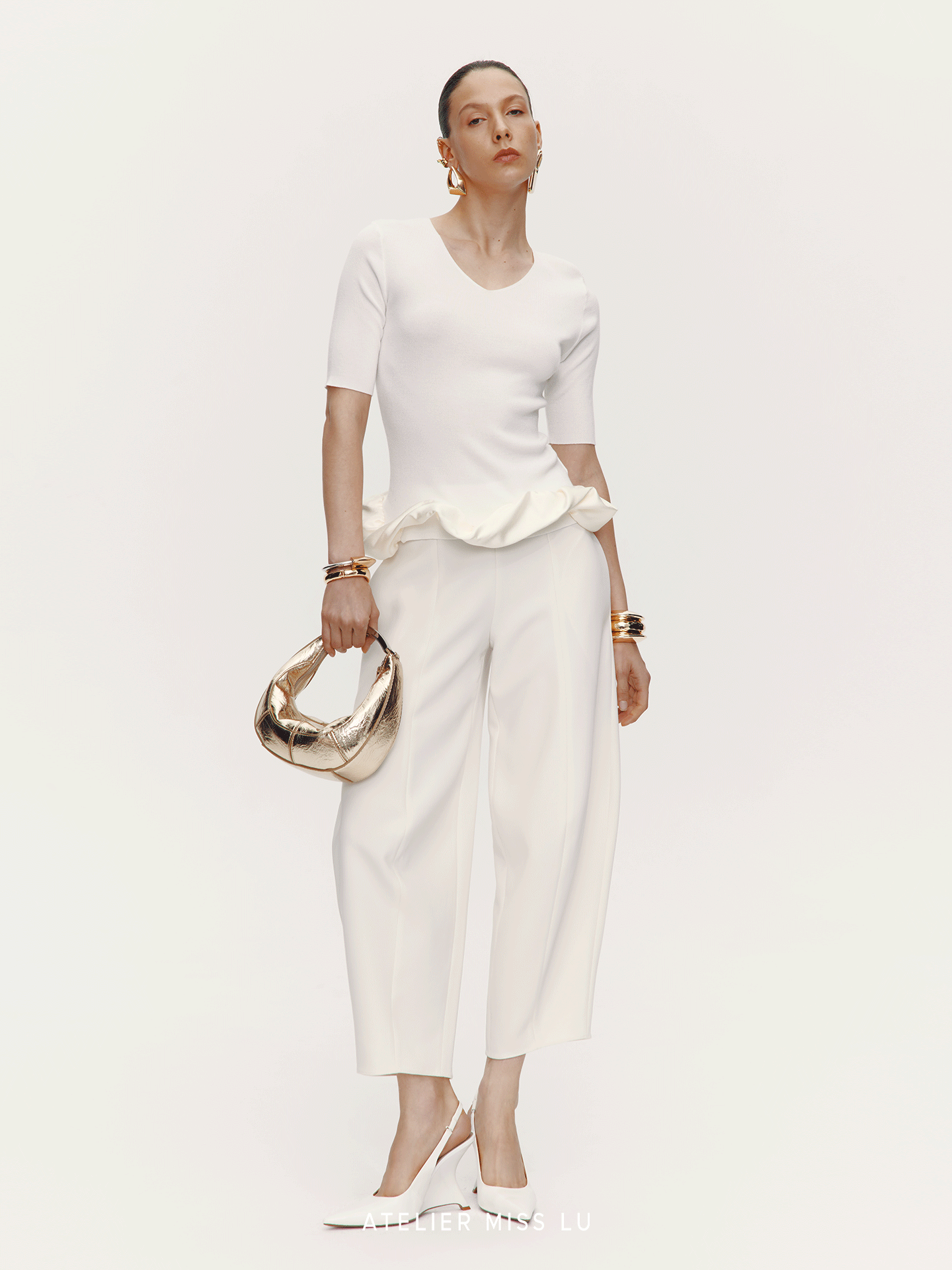 ATELIER MISS LU Hem Cloud Surround Stitching V-Neck Knitted Top - FLOD.