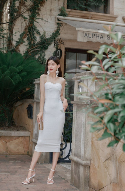 DOLLY Luxury White Simple Off Shoulder Tube Top Slim Fit Hip Hug Banquet Dress-BORA