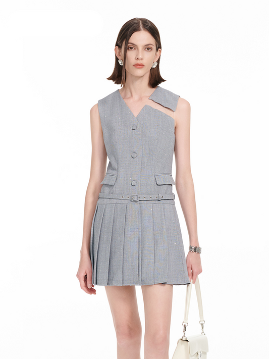 YES BY YESIR | gray dress and beige vest and pant set -CASSIARA.