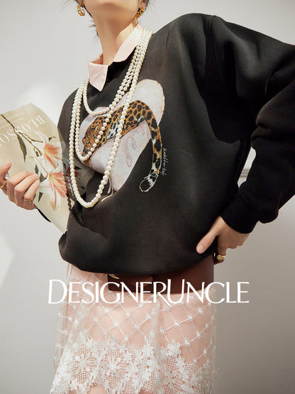 DGU×LAB "Juice Leopard" black loose and lazy design sweatshirt - SWEAD