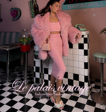 Le Palais Vintage Pink Plush Crop Top + Hip Skirt Set