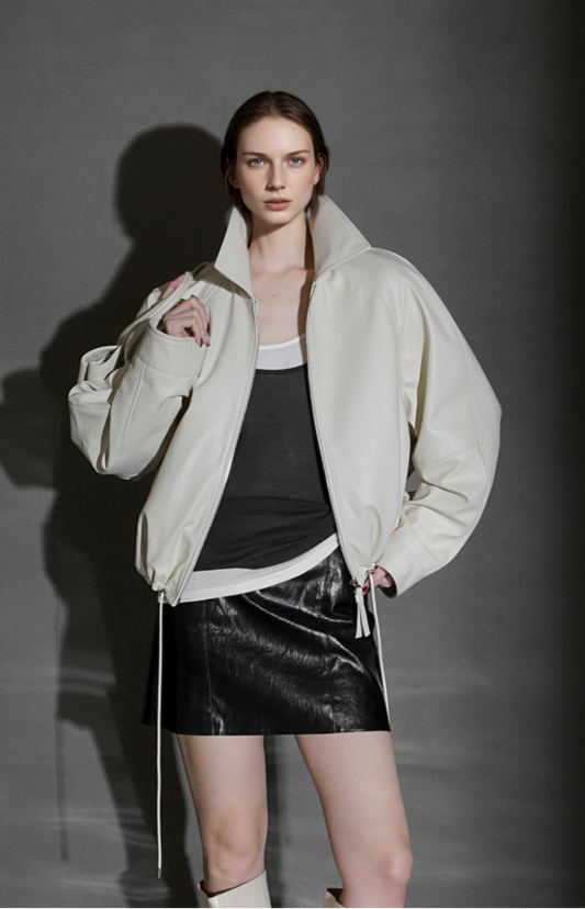 PIAOIN Small lapels short motorcycle leather jacket hem trimmed spring-DAX.