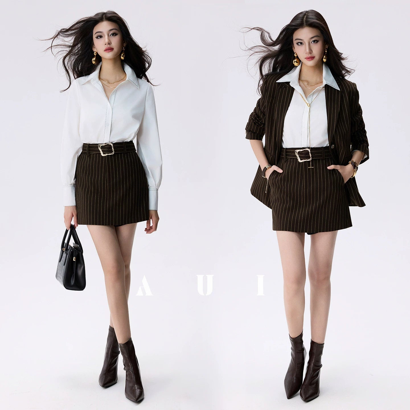 AUI Brown Striped Blazer Long Sleeve Polo Two-Piece Suit Skirt -  Haneul.