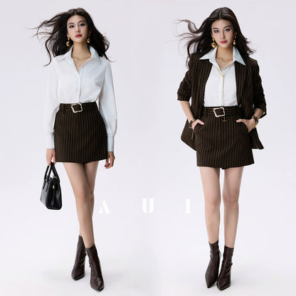 AUI Brown Striped Blazer Long Sleeve Polo Two-Piece Suit Skirt -  Haneul.