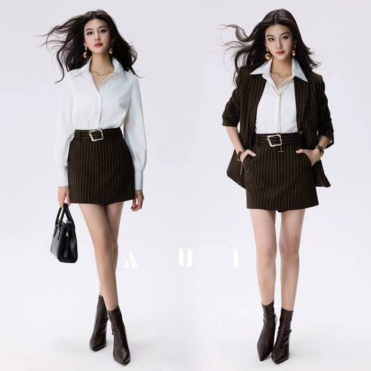 AUI Brown Striped Blazer Long Sleeve Polo Two-Piece Suit Skirt -  Haneul.