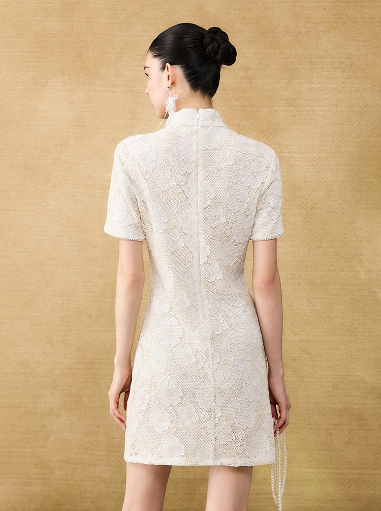 HECO Chinese style short-sleeved embossed flower summer cut-out short dress- TEMIRO.