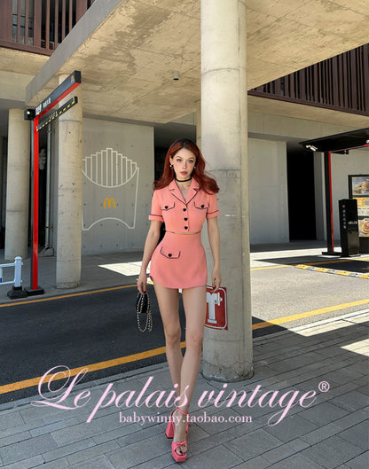 Le Palais Vintage  Peach Pink Small Fragrance Crop Top + Skirt Set-BEN