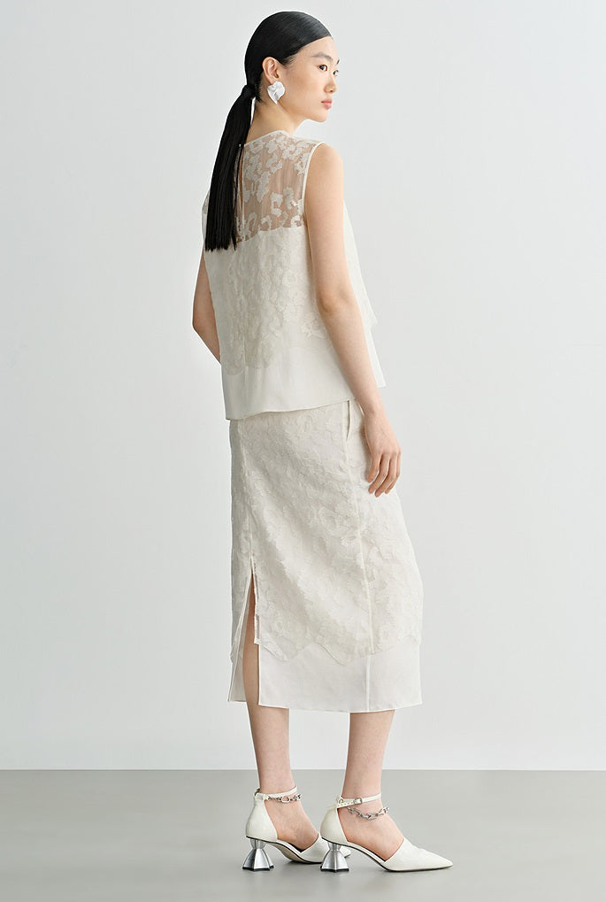 COMME MOI  silk embroidered white skirt - ABBA.