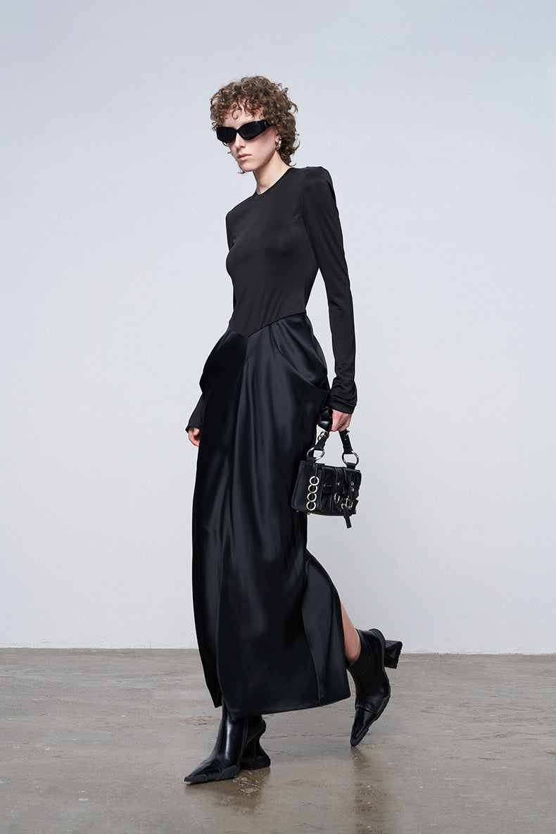 ANNAKIKI designer black acetate panel slim long-sleeved dress-JASMINE