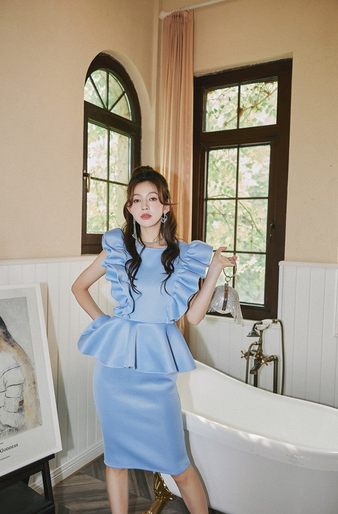 DOLLY High End Blue Crew Nek Ruffled Flying Sleeve Midi Office Dress-BELLONA