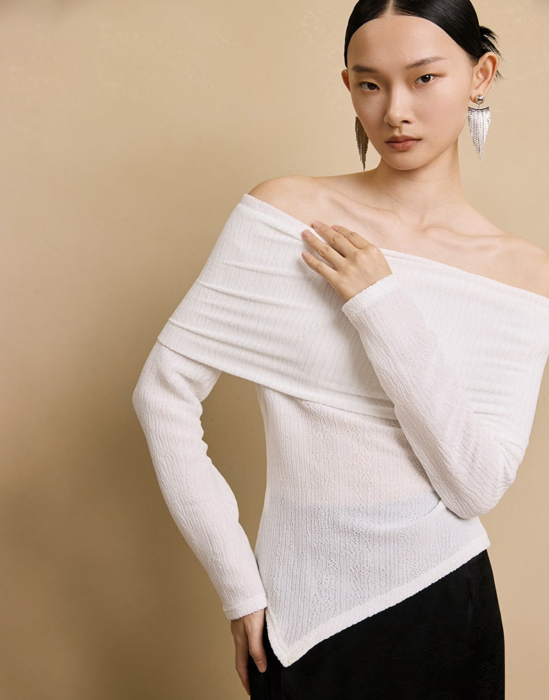 HECO stretch pleated off-the-shoulder long sleeve T-shirt - GRAD.