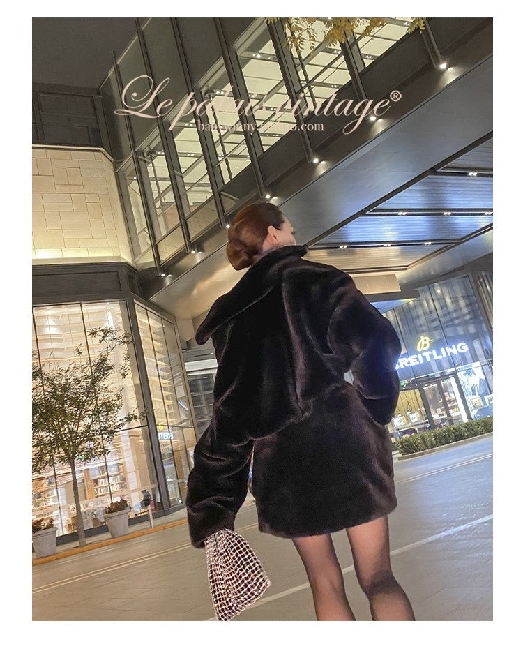 Le Palais Vintage Black Long Sleeves Short Faux Fur Coat and Dinner Skirt Suit-Selena.