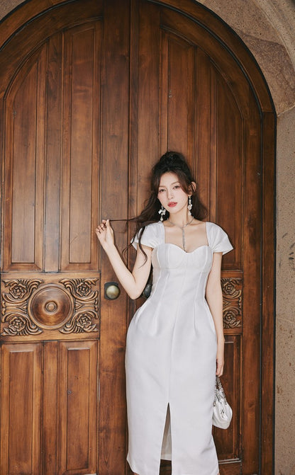 DOLLY Luxury French Style Square Collar Short Puff Sleeves Flower Bud Midi Dress-SARAH